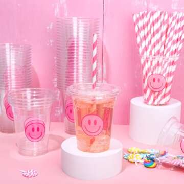 Whaline 50Pcs Valentine’s Day Pink Smile Face Cups with Lids and Straws 12oz Disposable Plastic Party Cups Preppy Happy Face Cold Beverage Drinking Cup for Birthday Party Baby Shower Wedding