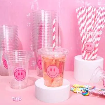 Whaline 50Pcs Valentine’s Day Pink Smile Face Cups with Lids and Straws 12oz Disposable Plastic Party Cups Preppy Happy Face Cold Beverage Drinking Cup for Birthday Party Baby Shower Wedding