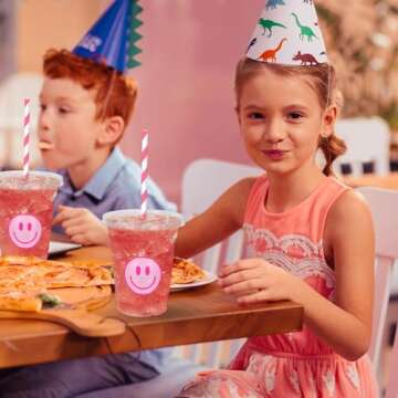 Whaline 50Pcs Valentine’s Day Pink Smile Face Cups with Lids and Straws 12oz Disposable Plastic Party Cups Preppy Happy Face Cold Beverage Drinking Cup for Birthday Party Baby Shower Wedding