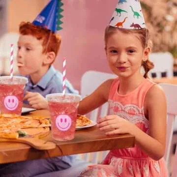 Whaline 50Pcs Valentine’s Day Pink Smile Face Cups with Lids and Straws 12oz Disposable Plastic Party Cups Preppy Happy Face Cold Beverage Drinking Cup for Birthday Party Baby Shower Wedding