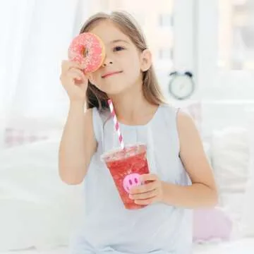 Whaline 50Pcs Valentine’s Day Pink Smile Face Cups with Lids and Straws 12oz Disposable Plastic Party Cups Preppy Happy Face Cold Beverage Drinking Cup for Birthday Party Baby Shower Wedding