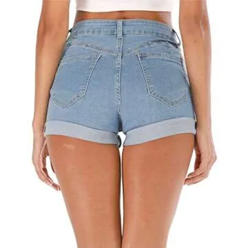 Cuihur Women's Summer High Waisted Denim Shorts Folded Hem Casual Short Jeans Lightblue S