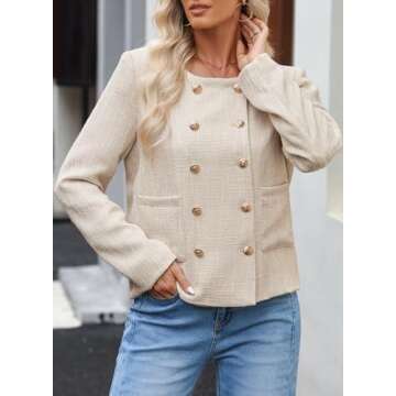 Happy Sailed Womens Cropped Blazer Trendy Spring Fashion 2025 Double Breasted Blazer Jackets Formal Office Long Sleeve Open Front Professional Business Work Suits Beige Large