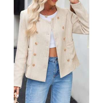 Happy Sailed Womens Cropped Blazer Trendy Spring Fashion 2025 Double Breasted Blazer Jackets Formal Office Long Sleeve Open Front Professional Business Work Suits Beige Large