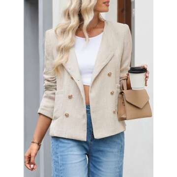 Happy Sailed Womens Cropped Blazer Trendy Spring Fashion 2025 Double Breasted Blazer Jackets Formal Office Long Sleeve Open Front Professional Business Work Suits Beige Large