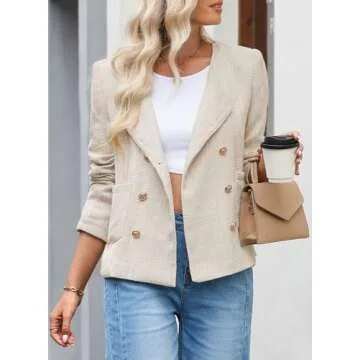 Happy Sailed Womens Cropped Blazer Trendy Spring Fashion 2025 Double Breasted Blazer Jackets Formal Office Long Sleeve Open Front Professional Business Work Suits Beige Large