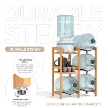 5 Gallon Water Jug Holder (Natural Solid Wood) 4 Water Bottle Holder Slots with 2-Layer Storage Shelves, 5 Gal Water Bottle Holder Storage Rack, Water Dispenser Stand for Home/Office/Garage Organizer