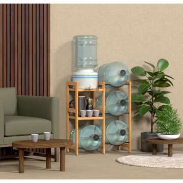 5 Gallon Water Jug Holder (Natural Solid Wood) 4 Water Bottle Holder Slots with 2-Layer Storage Shelves, 5 Gal Water Bottle Holder Storage Rack, Water Dispenser Stand for Home/Office/Garage Organizer