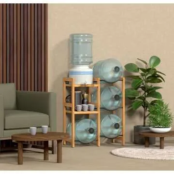 5 Gallon Water Jug Holder (Natural Solid Wood) 4 Water Bottle Holder Slots with 2-Layer Storage Shelves, 5 Gal Water Bottle Holder Storage Rack, Water Dispenser Stand for Home/Office/Garage Organizer