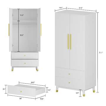 Homsee Wardrobe Armoire with 2 Doors, 2 Drawers, Hanging Rod & 2 Compartments, Wooden Closet Storage...