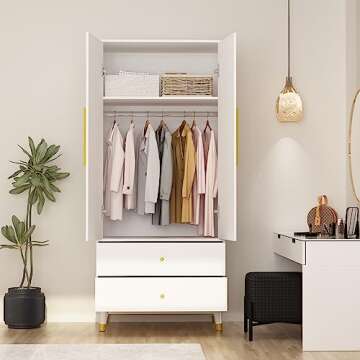 Homsee Wardrobe Armoire with 2 Doors, 2 Drawers, Hanging Rod & 2 Compartments, Wooden Closet Storage Cabinet with Gold Handles for Bedroom, White (31.5”L x 19.1”W x 71.1”H)