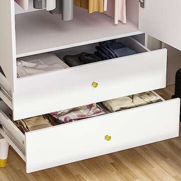 Homsee Wardrobe Armoire with 2 Doors, 2 Drawers, Hanging Rod & 2 Compartments, Wooden Closet Storage Cabinet with Gold Handles for Bedroom, White (31.5”L x 19.1”W x 71.1”H)