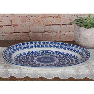 Sea Island Imports, Inc. Elegant Porcelain Serving Platter with Blue and White Hand Painted Coriande...