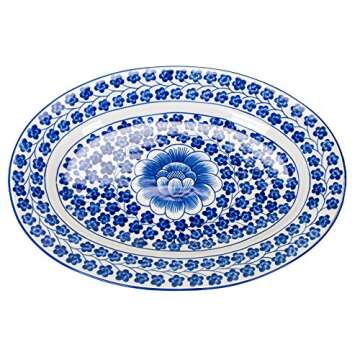 Sea Island Imports, Inc. Elegant Porcelain Serving Platter with Blue and White Hand Painted Coriander Pattern
