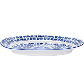 Sea Island Imports, Inc. Elegant Porcelain Serving Platter with Blue and White Hand Painted Coriander Pattern