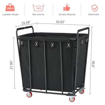 Hoctieon Large Laundry Cart with Wheels, 400L Rolling Laundry Hamper for Clothes Storage, Durable Laundry Sorter Basket, Heavy Duty Clothes Hamper for Laundry & Bedroom, Black