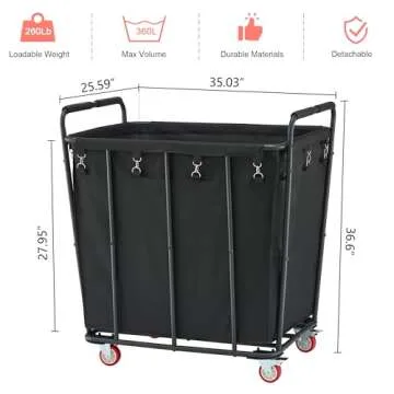 Hoctieon Large Laundry Cart with Wheels, 400L Rolling Laundry Hamper for Clothes Storage, Durable Laundry Sorter Basket, Heavy Duty Clothes Hamper for Laundry & Bedroom, Black