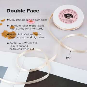 VATIN Double Face Cream Satin Ribbon 1/4" Continuous 50 Yards,Cream Polyester Fabric Ribbon use for ...