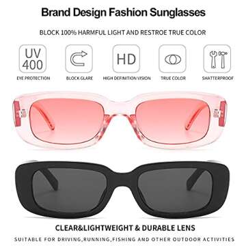 Dollger Trendy Rectangle Sunglasses For Women Men Trendy Vintage Rectangular y2k Transparent Pink Shade sunglasses 2PCS Black+Pink