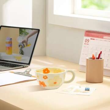 Peclek 8.5 oz Elegant Floral Ceramic Mug Coffee Cup with Flower Decorations, 250ml Spring Drinkware for Valentine's Day, Christmas, Mother's Day, Birthday Gifts for Her, Girlfriend, Mom (Daisy)