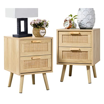 Finnhomy Nightstand, End Table, Side Table with 2 Hand Made Rattan Decorated Drawers, Nightstands Se...