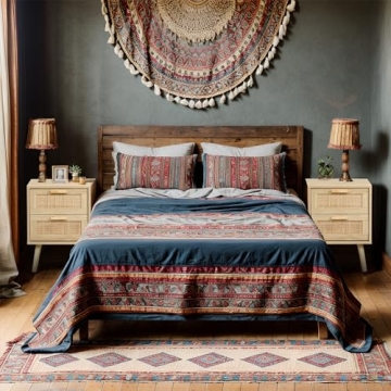 Finnhomy Nightstand, End Table, Side Table with 2 Hand Made Rattan Decorated Drawers, Nightstands Set of 2, Wood Accent Table with Storage for Bedroom, Natural, 2 Pack