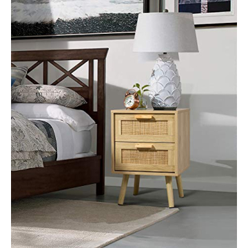 Finnhomy Nightstand, End Table, Side Table with 2 Hand Made Rattan Decorated Drawers, Nightstands Set of 2, Wood Accent Table with Storage for Bedroom, Natural, 2 Pack