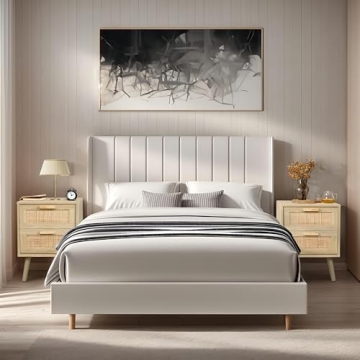 Finnhomy Nightstand, End Table, Side Table with 2 Hand Made Rattan Decorated Drawers, Nightstands Set of 2, Wood Accent Table with Storage for Bedroom, Natural, 2 Pack