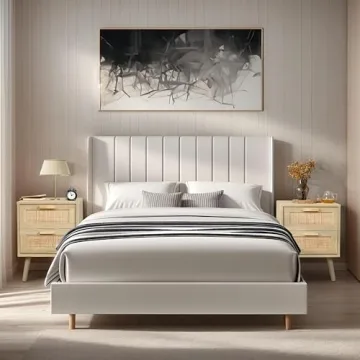 Finnhomy Nightstand, End Table, Side Table with 2 Hand Made Rattan Decorated Drawers, Nightstands Set of 2, Wood Accent Table with Storage for Bedroom, Natural, 2 Pack