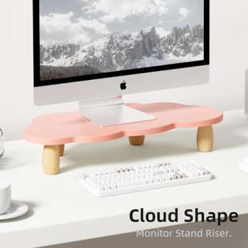AFOOYO Monitor Stand Riser,Cloud-Shaped Sturdy Wood Computer Monitor Riser, Laptop Monitor Stand, Multi-Purpose Desktop Organizer Riser for Computer, Laptop, Printer, TV,Pink