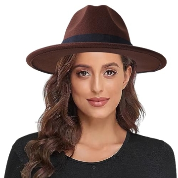 Lanzom Women Wide Brim Warm Wool Fedora Hat Retro Style Belt Panama Hat (Coffee, One Size)