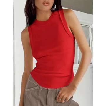 AVALEBETI Womens High Neck Tank Tops Sleeveless Ribbed Exposed Seam Curved Hem Slim Fit Fashion Summ...