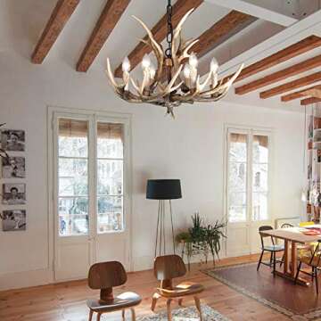 BOOU Resin Antler Chandelier Lighting 6 Light Antler Ceiling Light Fixture Big Vintage Style for Living Room Dining Room Cabin Kitchen Bar Foyer Decor Hanging Light Large Farmhouse Chandelier Lights1