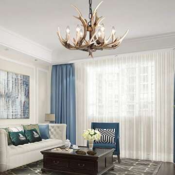 BOOU Resin Antler Chandelier Lighting 6 Light Antler Ceiling Light Fixture Big Vintage Style for Living Room Dining Room Cabin Kitchen Bar Foyer Decor Hanging Light Large Farmhouse Chandelier Lights1