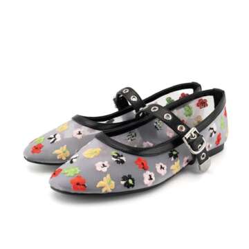 Mary Jane Flats for Women Floral Mesh Ballet Flat with Embroidey Buckle Round Toe Ballerina Flats Fo...