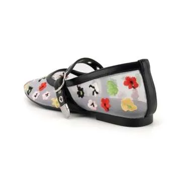 Mary Jane Flats for Women Floral Mesh Ballet Flat with Embroidey Buckle Round Toe Ballerina Flats Foldable Shoes Dressy Comfortable Soft Breathable Floral 8