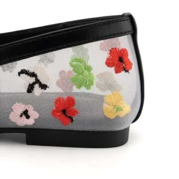 Mary Jane Flats for Women Floral Mesh Ballet Flat with Embroidey Buckle Round Toe Ballerina Flats Foldable Shoes Dressy Comfortable Soft Breathable Floral 8