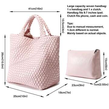 Woven Bag for Women, Vegan Leather Tote Bag Large Summer Beach Travel Handbag and Purse Retro Handmade Shoulder Bag (Light Pink)
