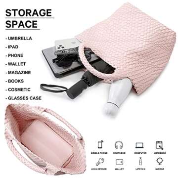 Woven Bag for Women, Vegan Leather Tote Bag Large Summer Beach Travel Handbag and Purse Retro Handmade Shoulder Bag (Light Pink)