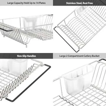 Simple Houseware Large Over Sink Counter Top Stainless Steel Dish Drainer Drying Rack with Utensil Holder, Chrome