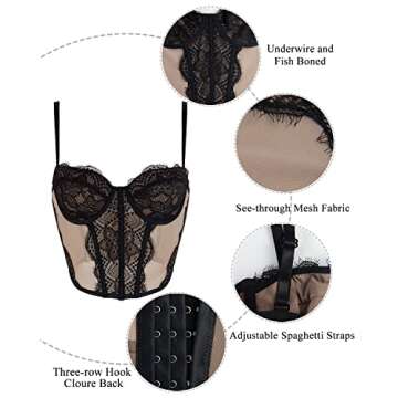 Women's Lace Mesh Bustier Fish Boned Sheer Spaghetti Straps Going Out Corset Crop Top with Underwire
