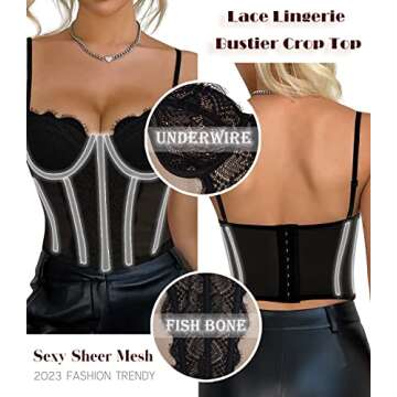 Women's Lace Mesh Bustier Fish Boned Sheer Spaghetti Straps Going Out Corset Crop Top with Underwire