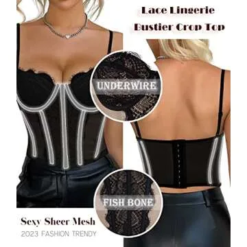 Women's Lace Mesh Bustier Fish Boned Sheer Spaghetti Straps Going Out Corset Crop Top with Underwire