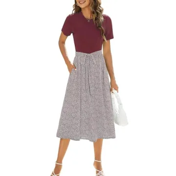 Zattcas Women Summer Short Sleeve Ribbed Midi Dress with Pockets Casual Work Dress Burgundy S