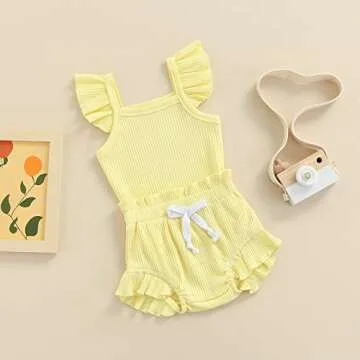 Toddler Baby Girl Summer Short Clothes Ribbed Ruffle Sleeve Tops+Elastic Drawstring Short Pants Two Piece Solid Outfit Set (A-Yellow, 6-12 Months)