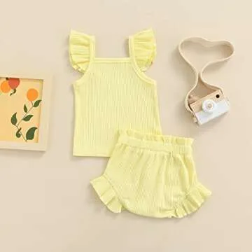 Toddler Baby Girl Summer Short Clothes Ribbed Ruffle Sleeve Tops+Elastic Drawstring Short Pants Two Piece Solid Outfit Set (A-Yellow, 6-12 Months)