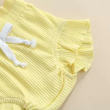 Toddler Baby Girl Summer Short Clothes Ribbed Ruffle Sleeve Tops+Elastic Drawstring Short Pants Two Piece Solid Outfit Set (A-Yellow, 6-12 Months)