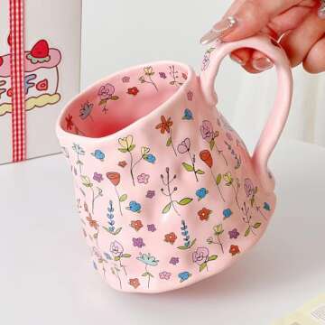 Large Ceramic Coffee Mug Pink Cute Flower with Handmade Big Handle, 21.1oz/600ml Girly Floral Tea Cu...