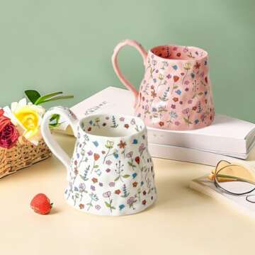 Large Ceramic Coffee Mug Pink Cute Flower with Handmade Big Handle, 21.1oz/600ml Girly Floral Tea Cup for Women Valentine Gift, Novelty Irregular Oversized Mugs for Latte Tea Milk Cocoa
