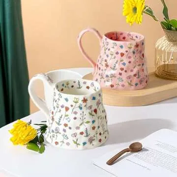 Charming Large Ceramic Mug with Floral Design, 21.1oz